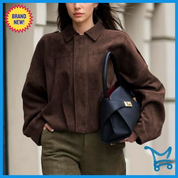 Faux Suede Bomber Jacket Lightweight Oversized Batwing Sleeves Chic Streetwear - Picture 2 of 7